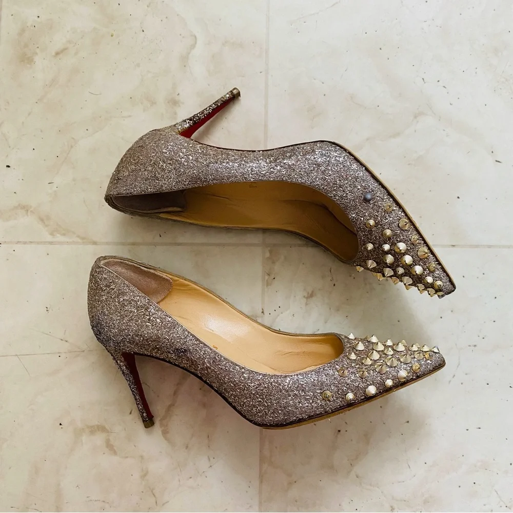 Christian Louboutin Silver Glitter Gold Spikes Pointed Toe Pumps Heels 7.5/37.5